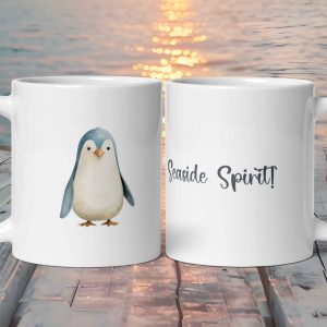 Taza Blanca Brillante con Bonito Pingüino "Seaside Spirit"