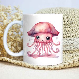 Taza Brillante con Bonita Medusa Rosa con Sombrero de Lluvia