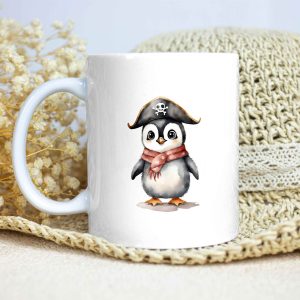 Taza Brillante con Bonito Pingüino con Sombrero Pirata y Bufanda Roja