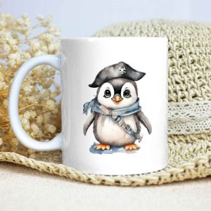 Taza Brillante con Bonito Pingüino con Sombrero Pirata y Pañuelo Azul