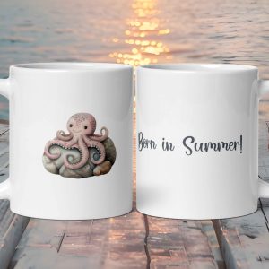 Taza Blanca Brillante con Bonito Pulpo sobre una Piedra "Born in Summer!"