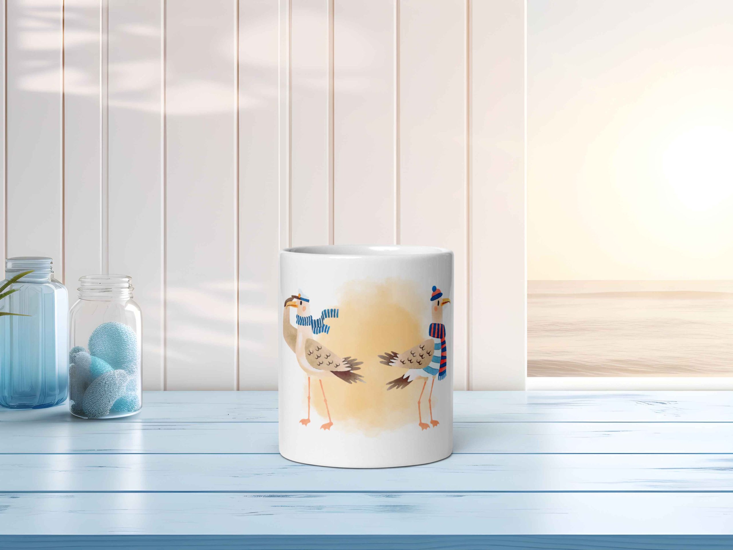 Taza Brillante con Simpáticas Gaviotas Marineras