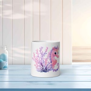 Taza Brillante con Caballito de Mar Rosa y Corales