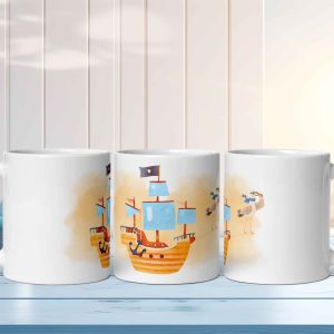 Taza Brillante con Barco Pirata y Gaviota