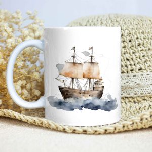 Taza Brillante con Bonito Dibujo Acuarela con Barco de Vela