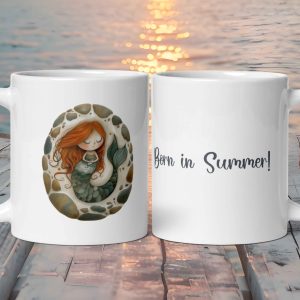 Taza Blanca Brillante con Bonito Huevo de Sirena de Cobre "Born In Summer!"