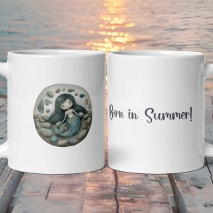 Taza Blanca Brillante con Bonito Huevo de Sirena de Plata "Born In Summer!"