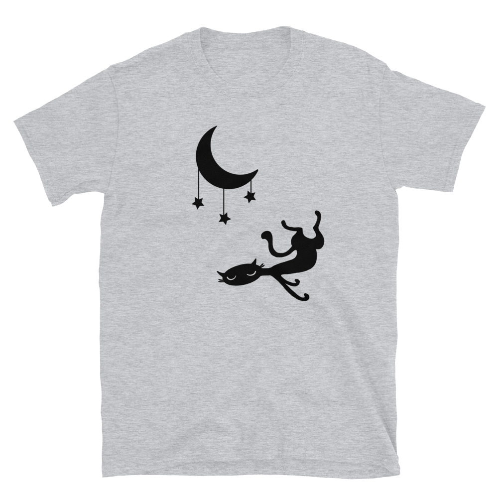 Camiseta con Diseño de un Divertido Gato vago bajo una Luna con Estrellas - Imagen 4
