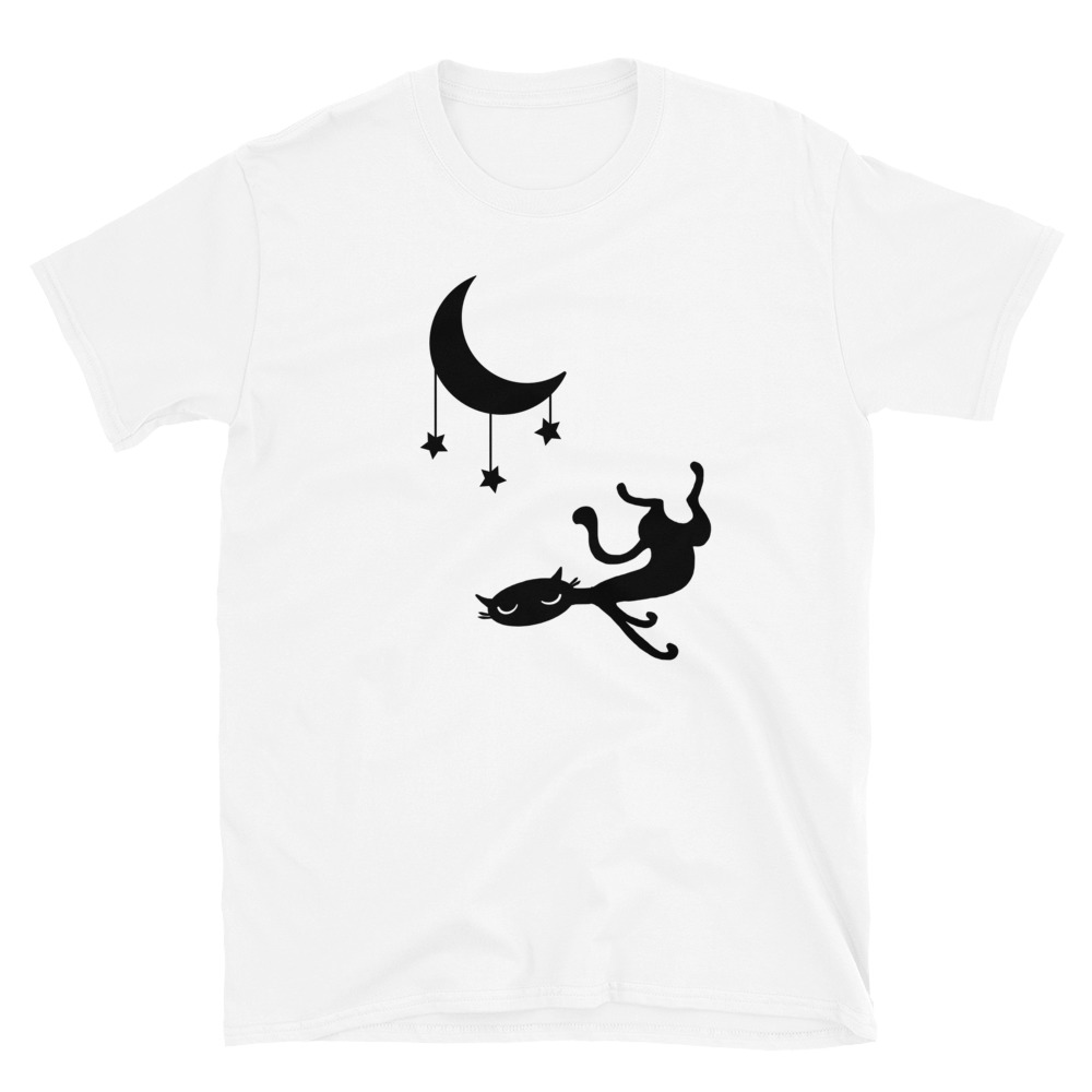 Camiseta con Diseño de un Divertido Gato vago bajo una Luna con Estrellas - Imagen 3