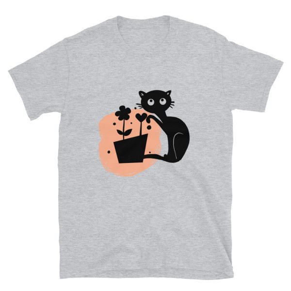 Camiseta con Diseño de un Divertido Gato jugando con las Flores de una Maceta - Imagen 3