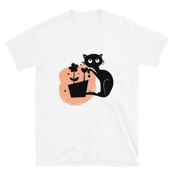 Camiseta con Diseño de un Divertido Gato jugando con las Flores de una Maceta - Imagen 4