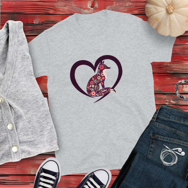 Camiseta con Bonito Diseño Imaginativo de estilo Folk en la silueta de un Elegante Zorro Rojo con Corazón