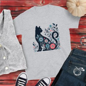 Camiseta con Bonito Diseño Imaginativo de estilo Folk en la silueta de un Bonito Gato Vigilante