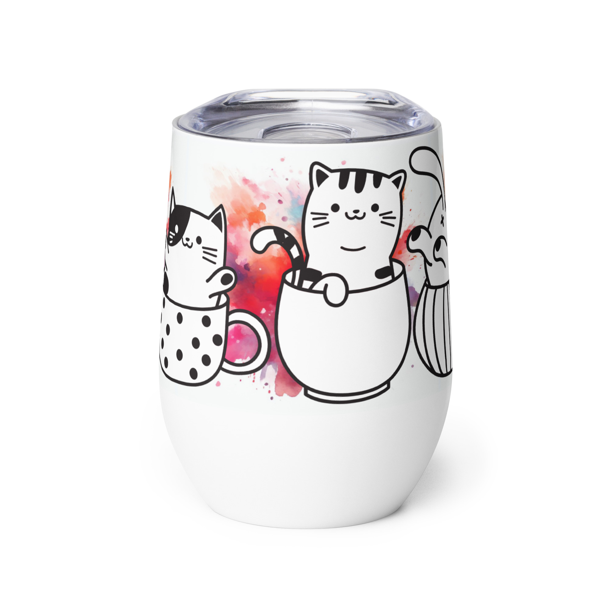 Vaso Térmico para Zumo, Vino, Té con Divertidos Gatos en Tazas con fondo de Colores - Imagen 2