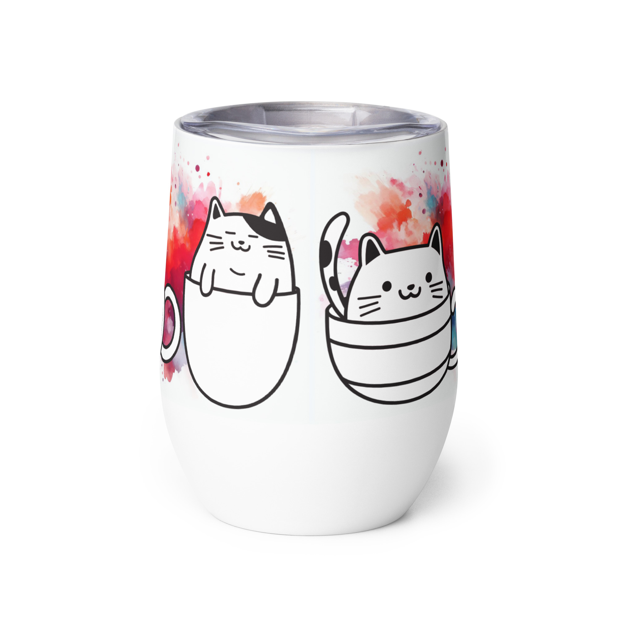 Vaso Térmico para Zumo, Vino, Té con Divertidos Gatos en Tazas con fondo de Colores - Imagen 3