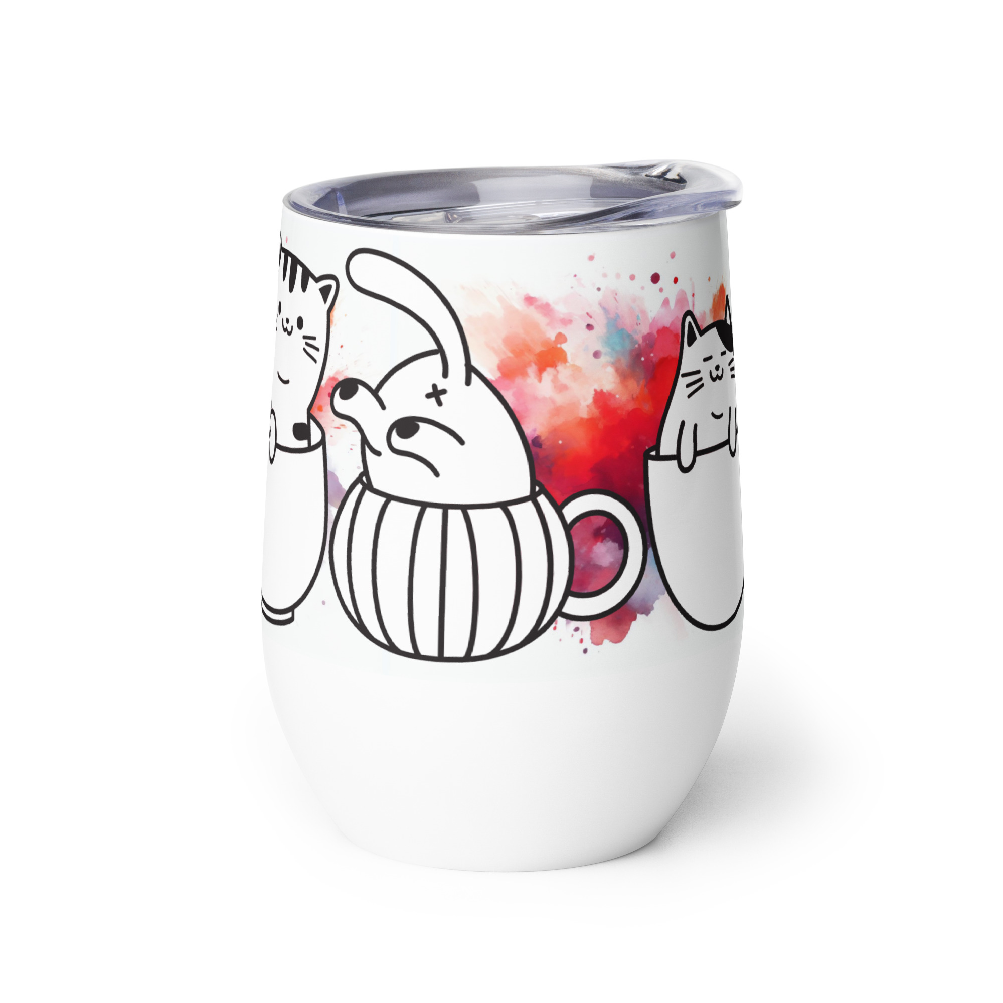 Vaso Térmico para Zumo, Vino, Té con Divertidos Gatos en Tazas con fondo de Colores - Imagen 4