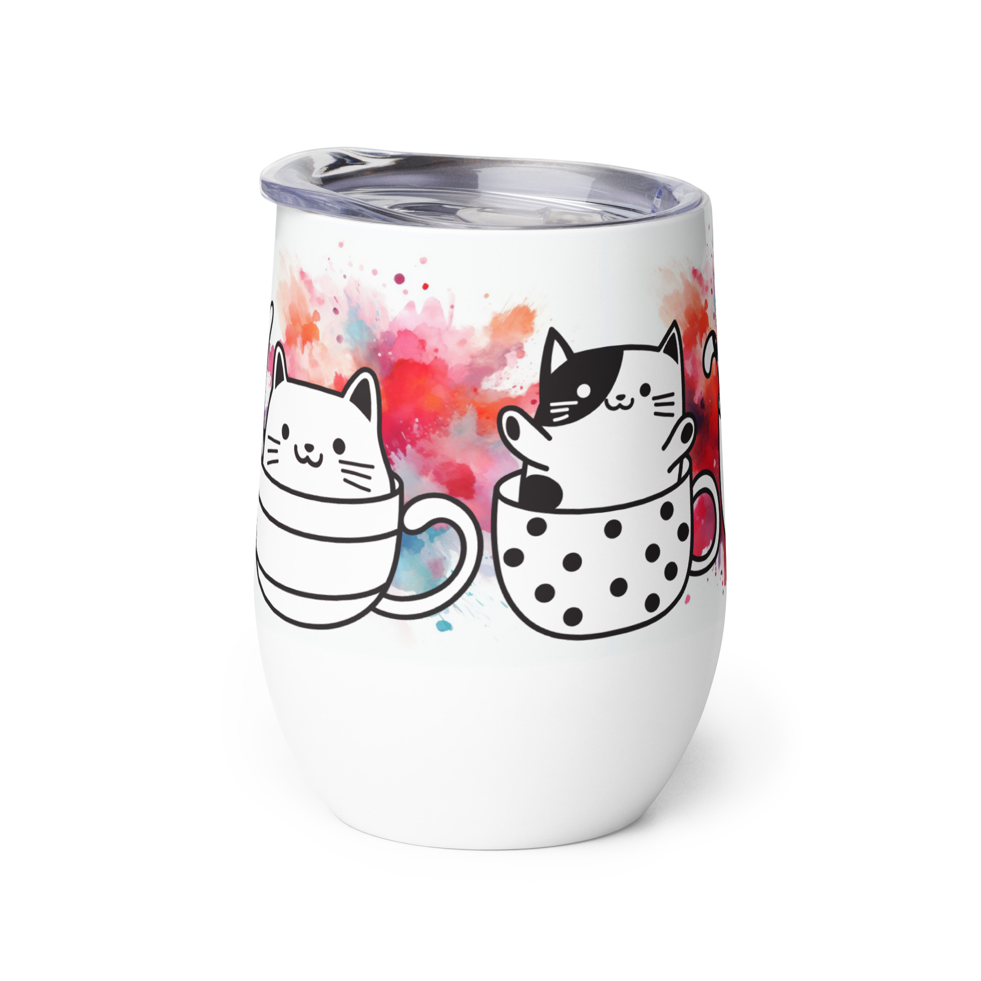 Vaso Térmico para Zumo, Vino, Té con Divertidos Gatos en Tazas con fondo de Colores - Imagen 5