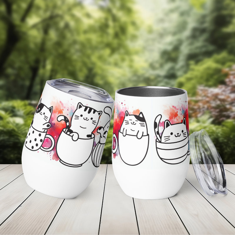Vaso Térmico para Zumo, Vino, Té con Divertidos Gatos en Tazas con fondo de Colores