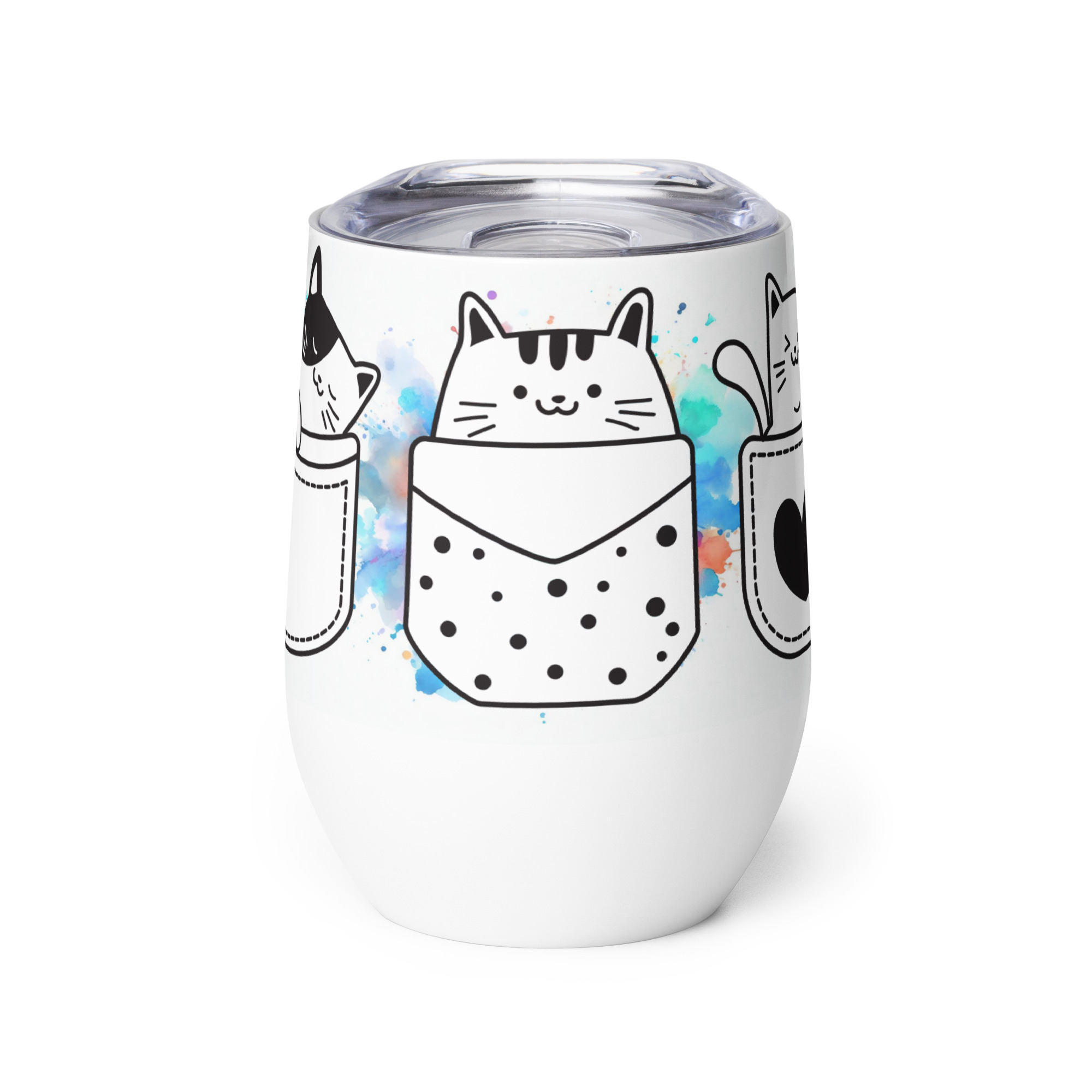 Vaso Térmico para Zumo, Vino, Té con Divertidos Gatos en Bolsillos con fondo de Colores - Imagen 2