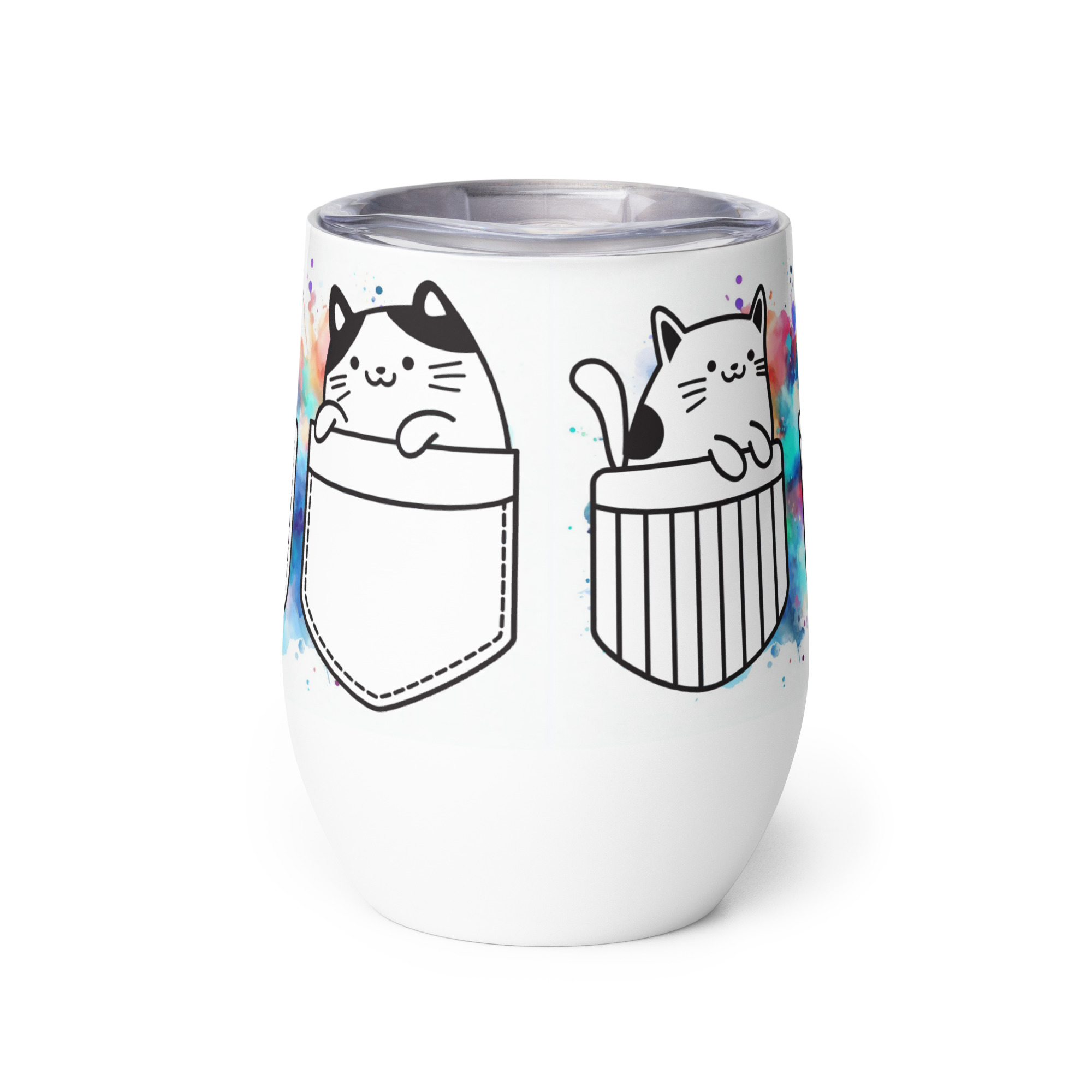 Vaso Térmico para Zumo, Vino, Té con Divertidos Gatos en Bolsillos con fondo de Colores - Imagen 3
