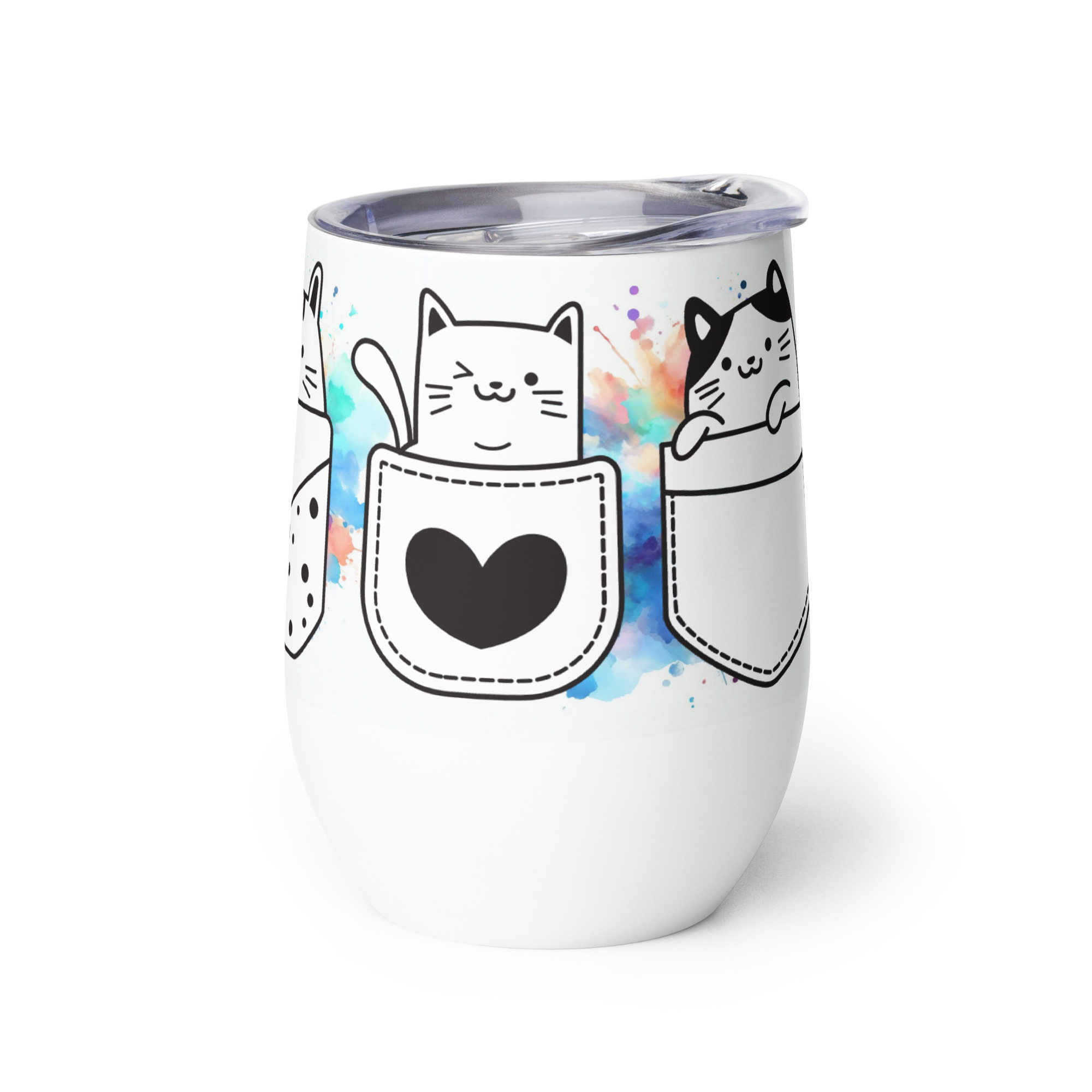 Vaso Térmico para Zumo, Vino, Té con Divertidos Gatos en Bolsillos con fondo de Colores - Imagen 4