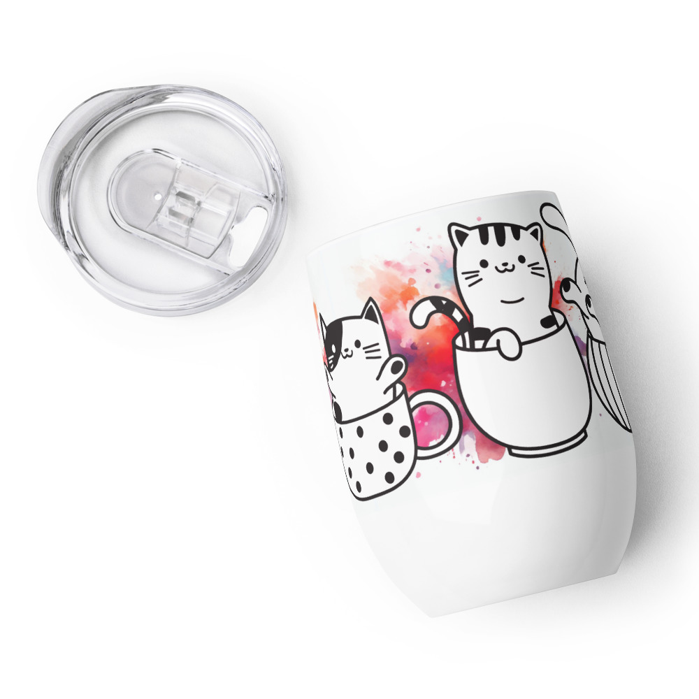 Vaso Térmico para Zumo, Vino, Té con Divertidos Gatos en Tazas con fondo de Colores - Imagen 7