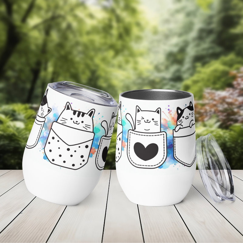 Vaso Térmico para Zumo, Vino, Té con Divertidos Gatos en Bolsillos con fondo de Colores