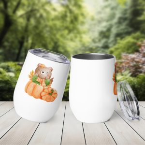 Ternura en un Vaso. Simpática Osita dentro de una Calabaza con Hojas de Otoño. Para Zumo, Vino, Té. Térmico.