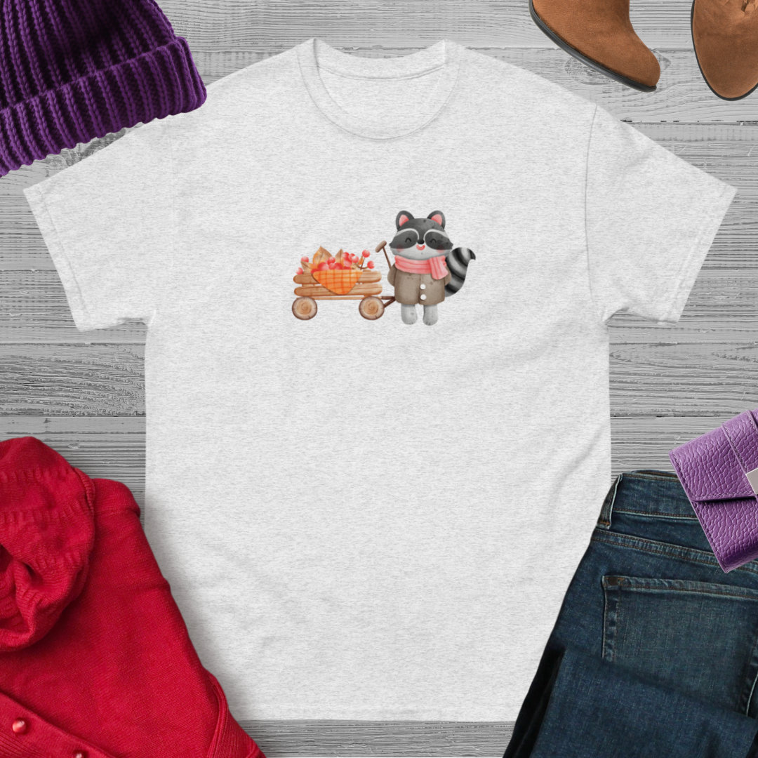 Camiseta con bonito diseño un bonito mapache con un carrito de bayas