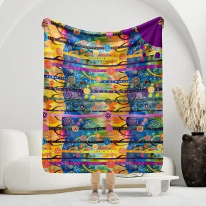 Manta de Atemporalidad con motivos coloridos de bosque y fondo de ondas