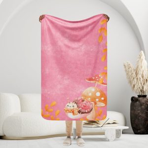 Manta mullida con caracol y setas en fondo rosa con hojas de otoño