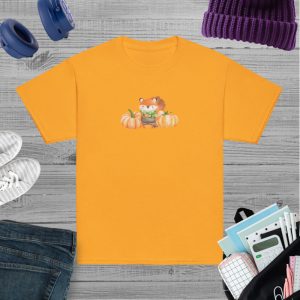 Camiseta para niño y niña con bonito diseño de zorrito y calabazas de otoño