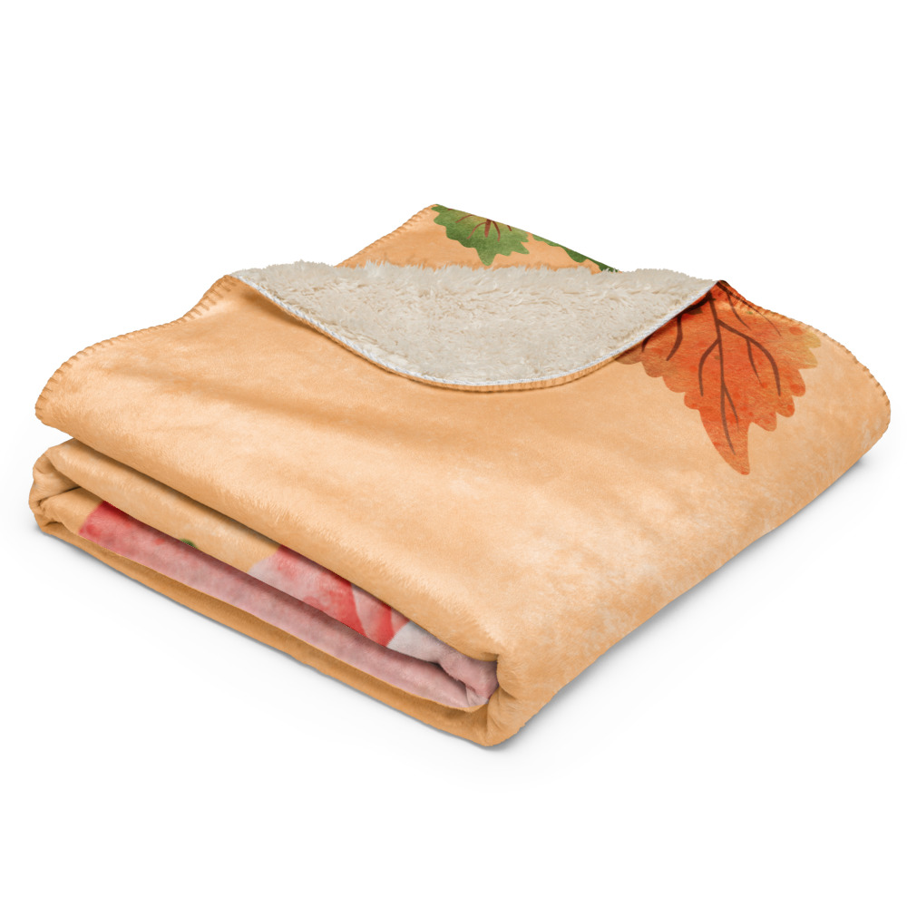 Manta mullida con conejita y calabaza en fondo color salmón con hojas de otoño - Imagen 9