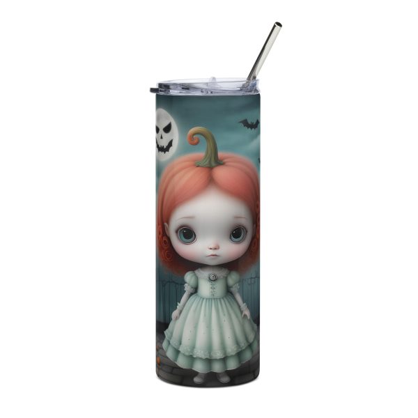 Vaso de acero inoxidable con niña calabaza gótica de ojos grandes en fondo tenebroso - Imagen 2