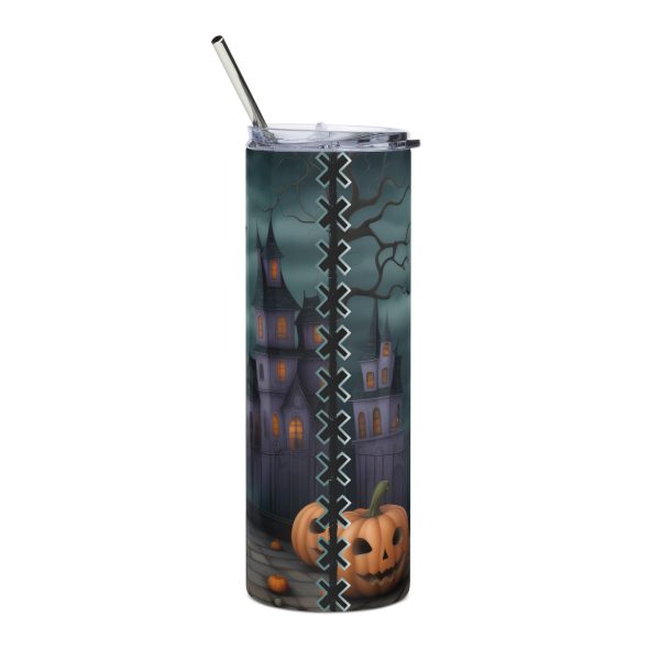 Vaso de acero inoxidable con niña calabaza gótica de ojos grandes en fondo tenebroso - Imagen 3