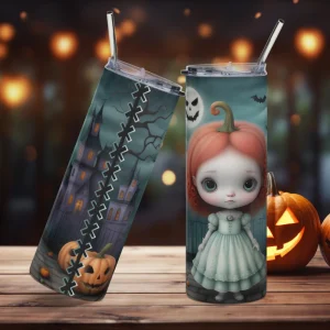 Vaso de acero inoxidable con niña calabaza gótica de ojos grandes en fondo tenebroso