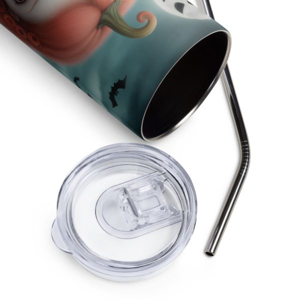 Vaso de acero inoxidable con niña calabaza gótica de ojos grandes en fondo tenebroso - Imagen 8