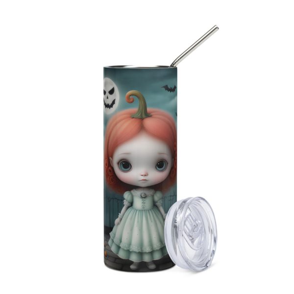 Vaso de acero inoxidable con niña calabaza gótica de ojos grandes en fondo tenebroso - Imagen 4