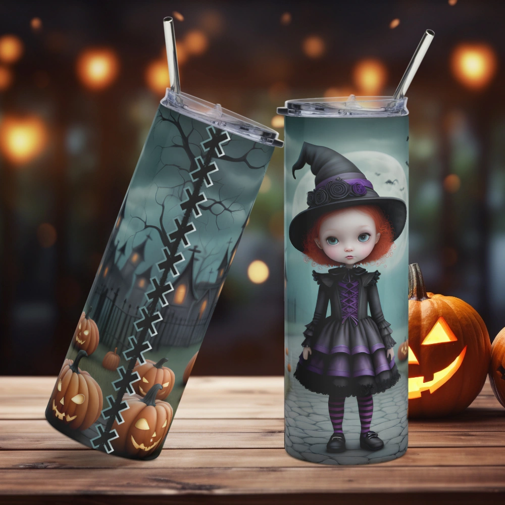Vaso de acero inoxidable con niña brujita pelirroja de ojos grandes en fondo con castillo y calabazas