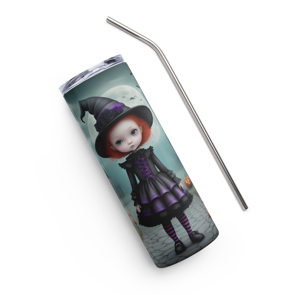 Vaso de acero inoxidable con niña brujita pelirroja de ojos grandes en fondo con castillo y calabazas - Imagen 3
