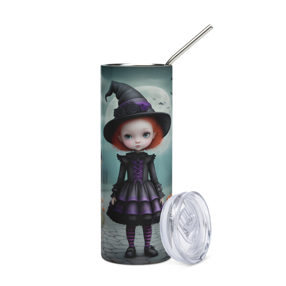 Vaso de acero inoxidable con niña brujita pelirroja de ojos grandes en fondo con castillo y calabazas - Imagen 2