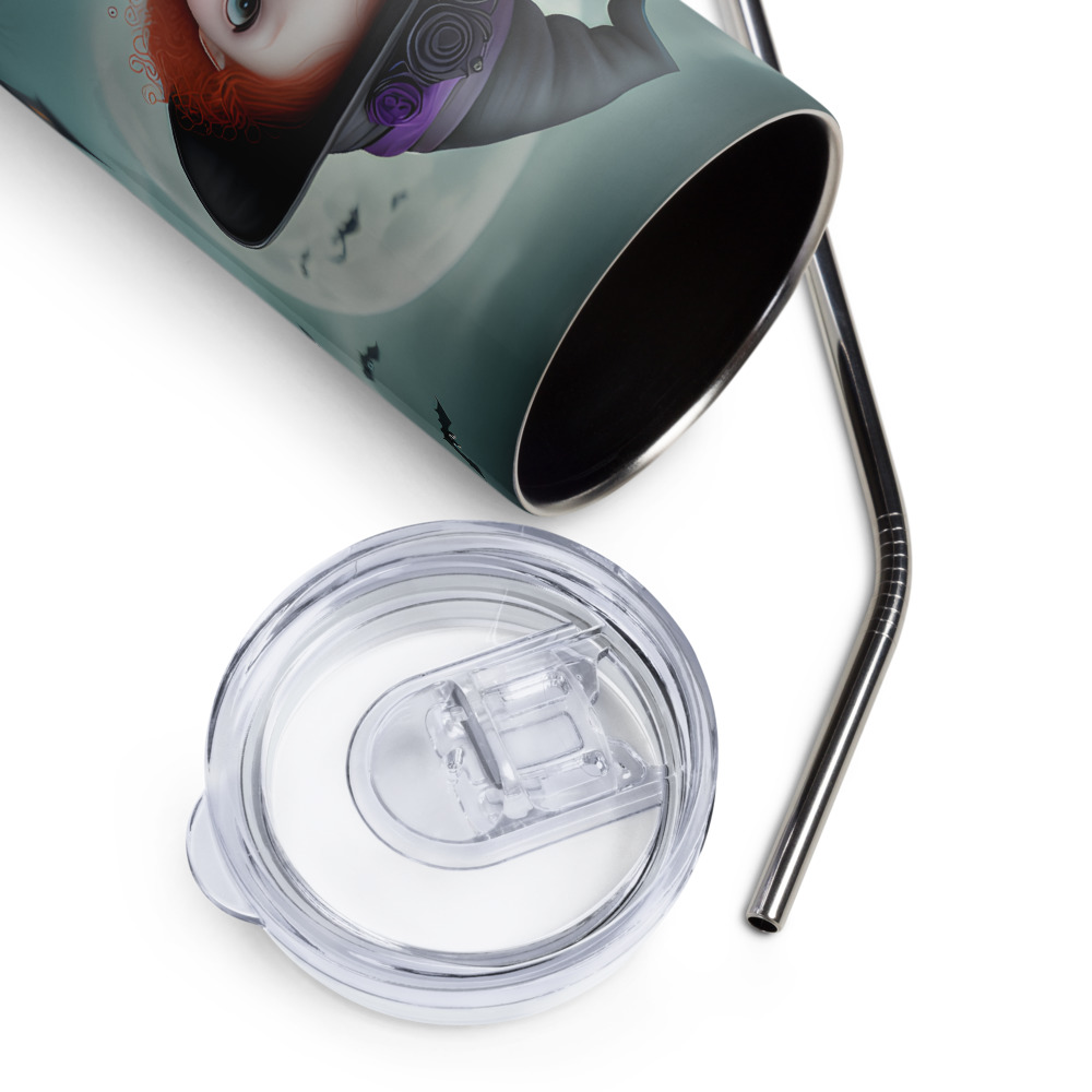 Vaso de acero inoxidable con niña brujita pelirroja de ojos grandes en fondo con castillo y calabazas - Imagen 6