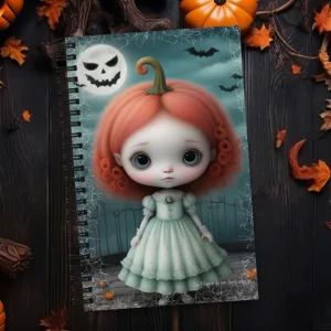 Cuaderno en Espiral con niña calabaza gótica de ojos grandes en fondo tenebroso