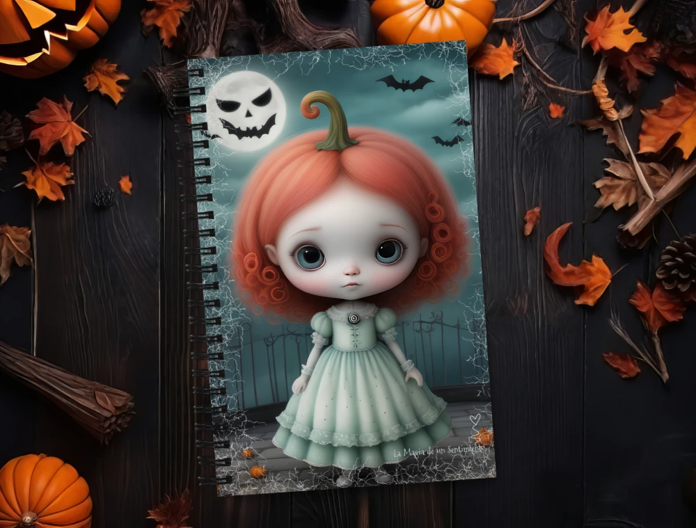 Cuaderno en Espiral con niña calabaza gótica de ojos grandes en fondo tenebroso