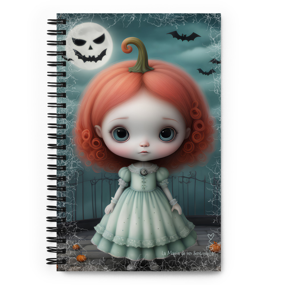 Cuaderno en Espiral con niña calabaza gótica de ojos grandes en fondo tenebroso - Imagen 2