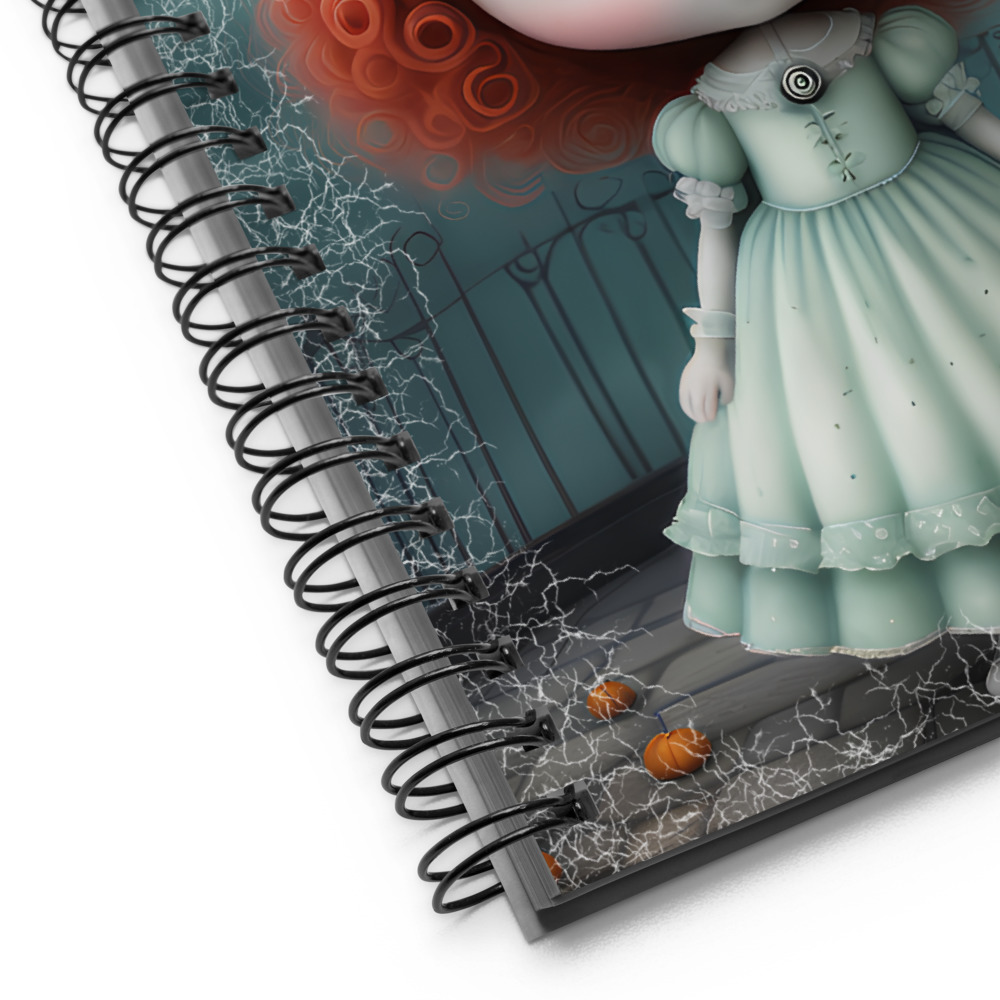 Cuaderno en Espiral con niña calabaza gótica de ojos grandes en fondo tenebroso - Imagen 5