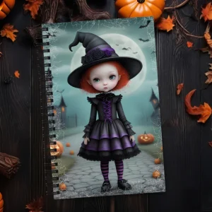 Cuaderno en Espiral con niña brujita pelirroja de ojos grandes en fondo con castillo y calabazas
