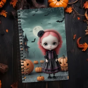 Cuaderno en Espiral con niña de ojos grandes con flor negra en fondo tenebroso con castillo y calabazas