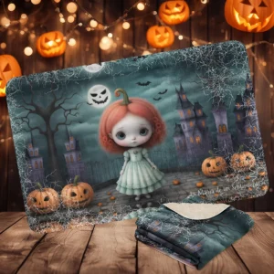 Manta de misterio mullida con niña calabaza gótica de ojos grandes en fondo tenebroso