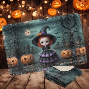 Manta de misterio mullida con niña brujita de estilo victoriano en fondo tenebroso con calabazas